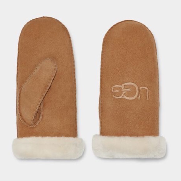 Ugg Shearling Embroider mitten NEW size L/XL color chestnut - Picture 2 of 5